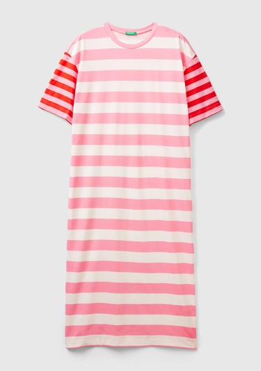  Kadın Pembe Mix %100 Pamuk Çizgili Yanı Yırtmaçlı Bisiklet Yaka Elbise
