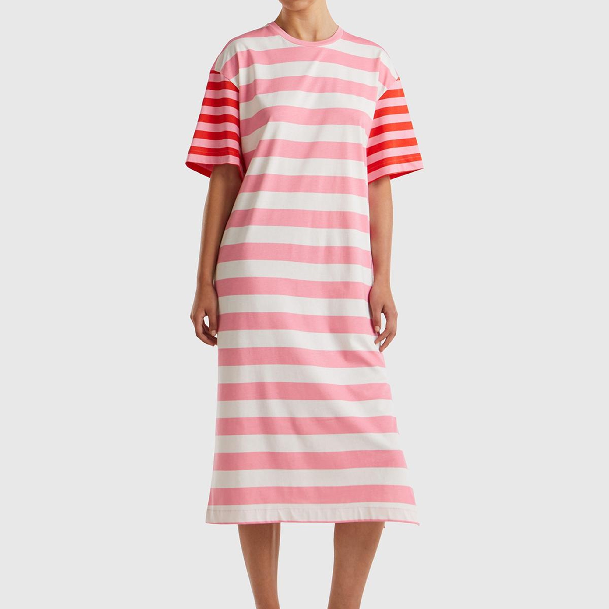 Kadın Pembe Mix %100 Pamuk Çizgili Yanı Yırtmaçlı Bisiklet Yaka Elbise