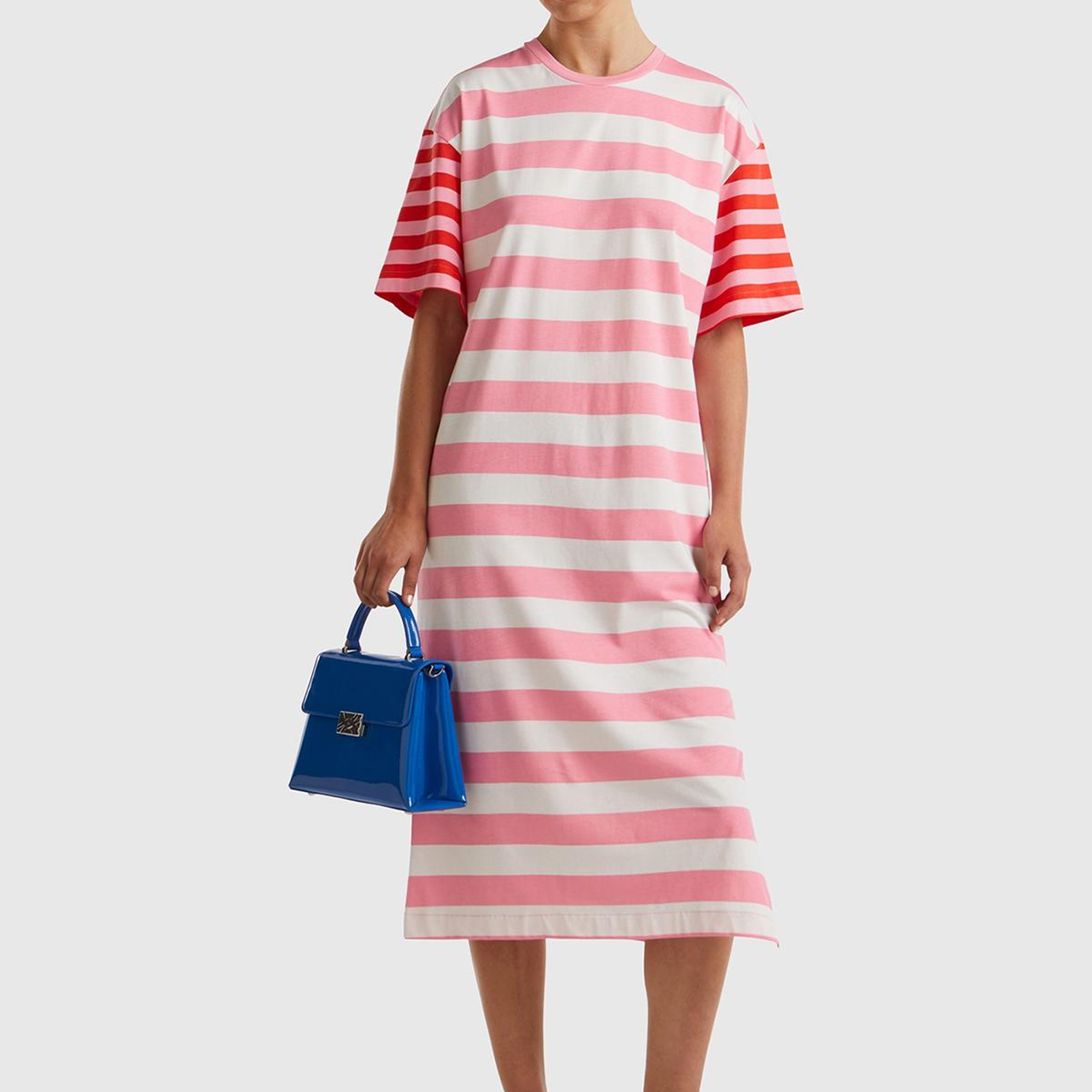 Kadın Pembe Mix %100 Pamuk Çizgili Yanı Yırtmaçlı Bisiklet Yaka Elbise