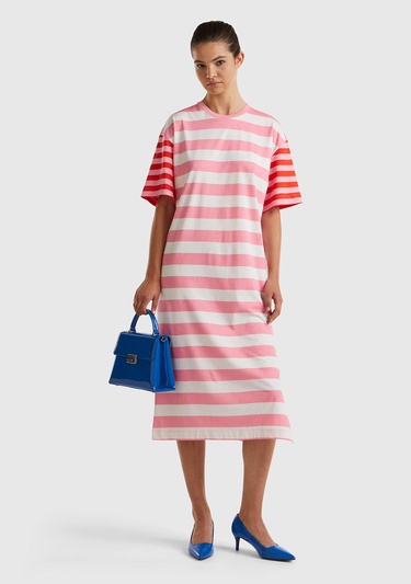  Kadın Pembe Mix %100 Pamuk Çizgili Yanı Yırtmaçlı Bisiklet Yaka Elbise