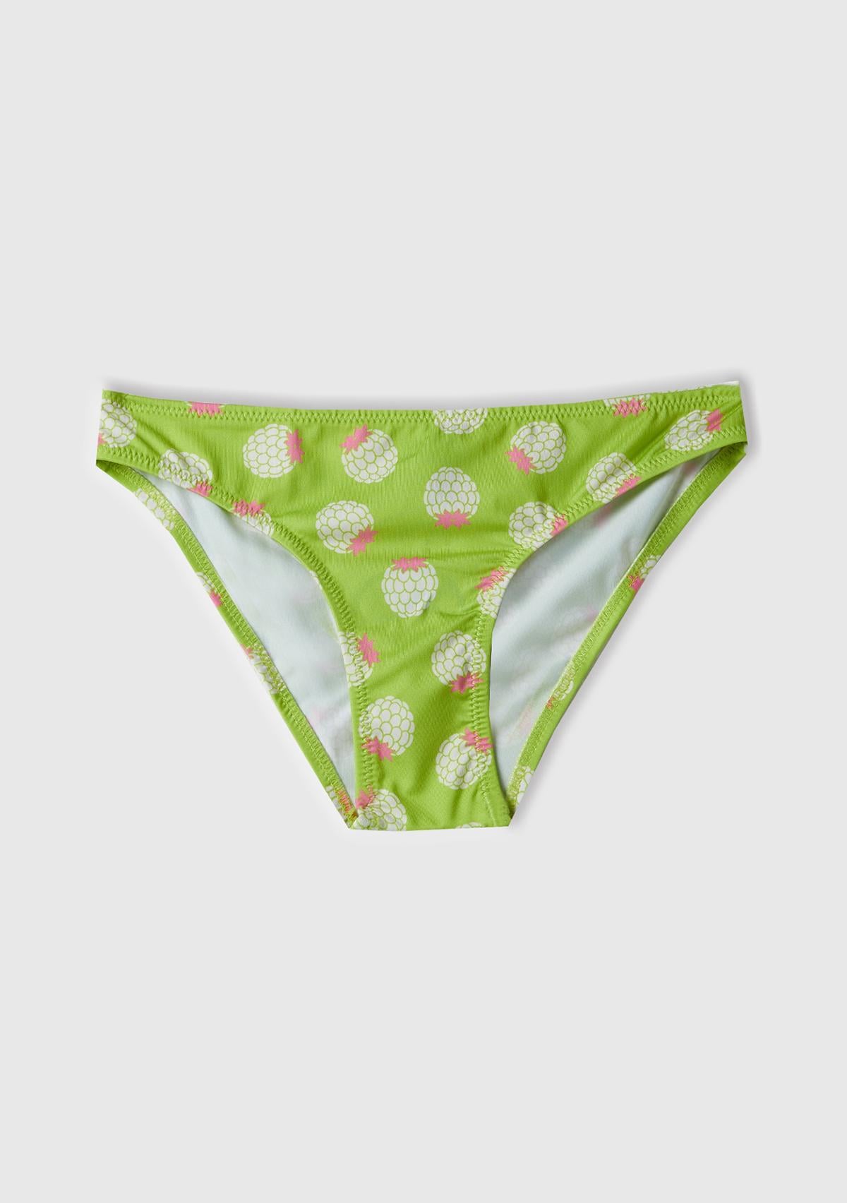  Kız Çocuk Neon Yeşil Tamamı Desenli Göğsü Fırfırlı Tek Omuzlu Bikini Takımı