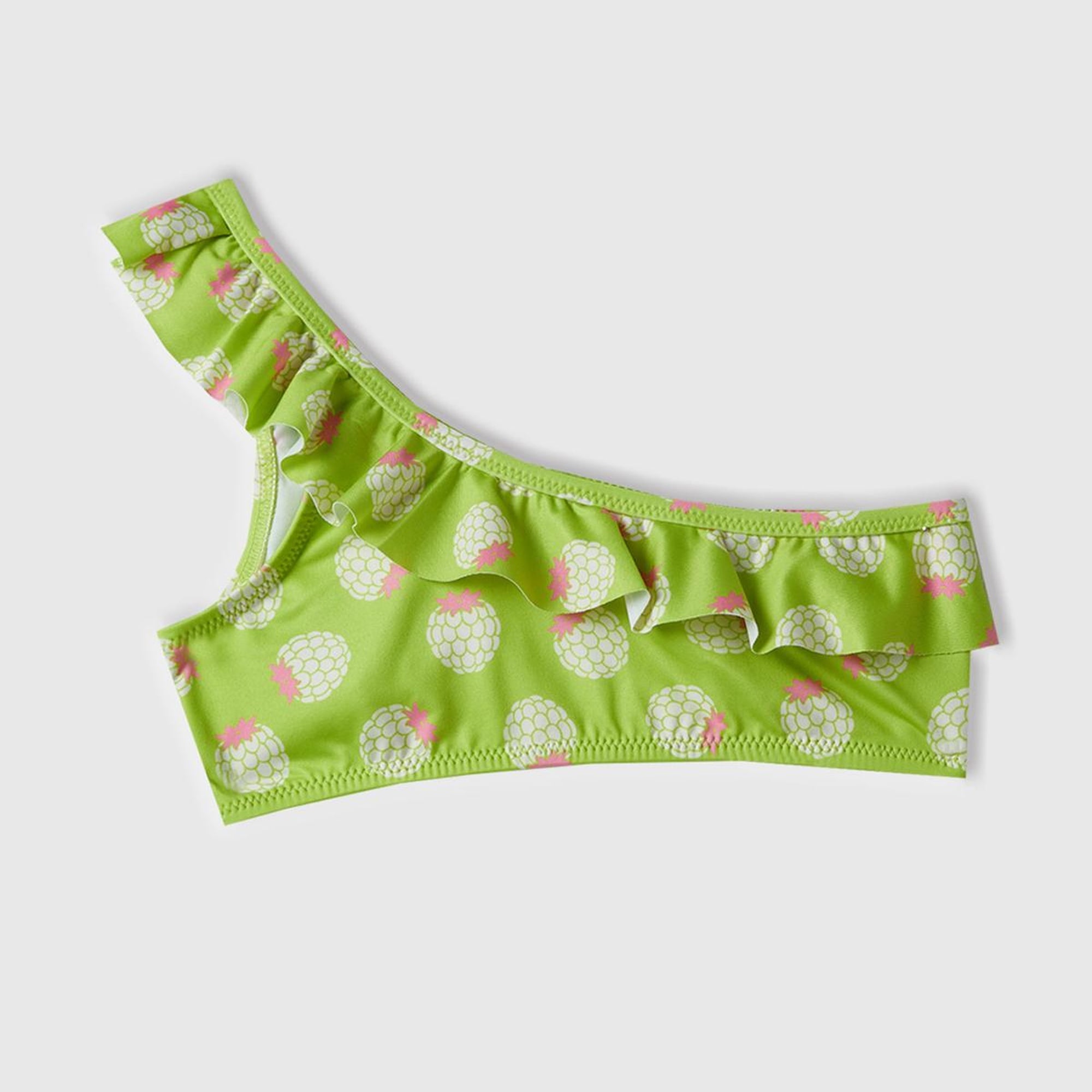Kız Çocuk Neon Yeşil Tamamı Desenli Göğsü Fırfırlı Tek Omuzlu Bikini Takımı