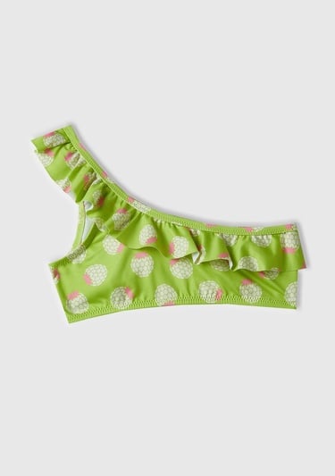  Kız Çocuk Neon Yeşil Tamamı Desenli Göğsü Fırfırlı Tek Omuzlu Bikini Takımı