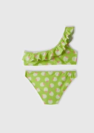  Kız Çocuk Neon Yeşil Tamamı Desenli Göğsü Fırfırlı Tek Omuzlu Bikini Takımı