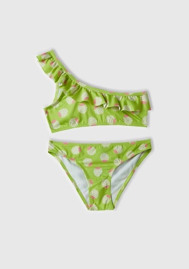  Kız Çocuk Neon Yeşil Tamamı Desenli Göğsü Fırfırlı Tek Omuzlu Bikini Takımı