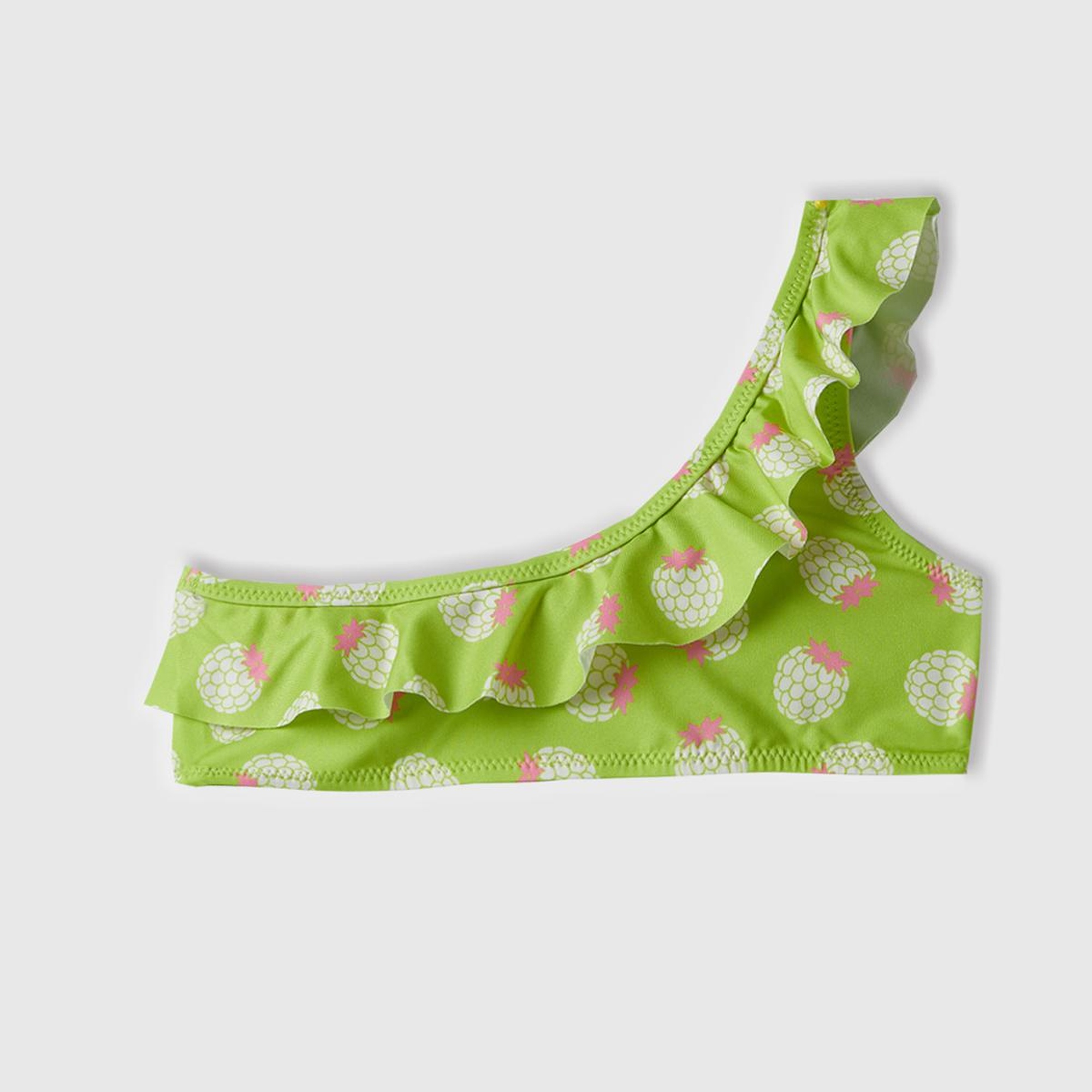 Kız Çocuk Neon Yeşil Tamamı Desenli Göğsü Fırfırlı Tek Omuzlu Bikini Takımı