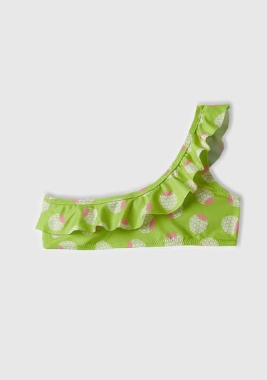  Kız Çocuk Neon Yeşil Tamamı Desenli Göğsü Fırfırlı Tek Omuzlu Bikini Takımı