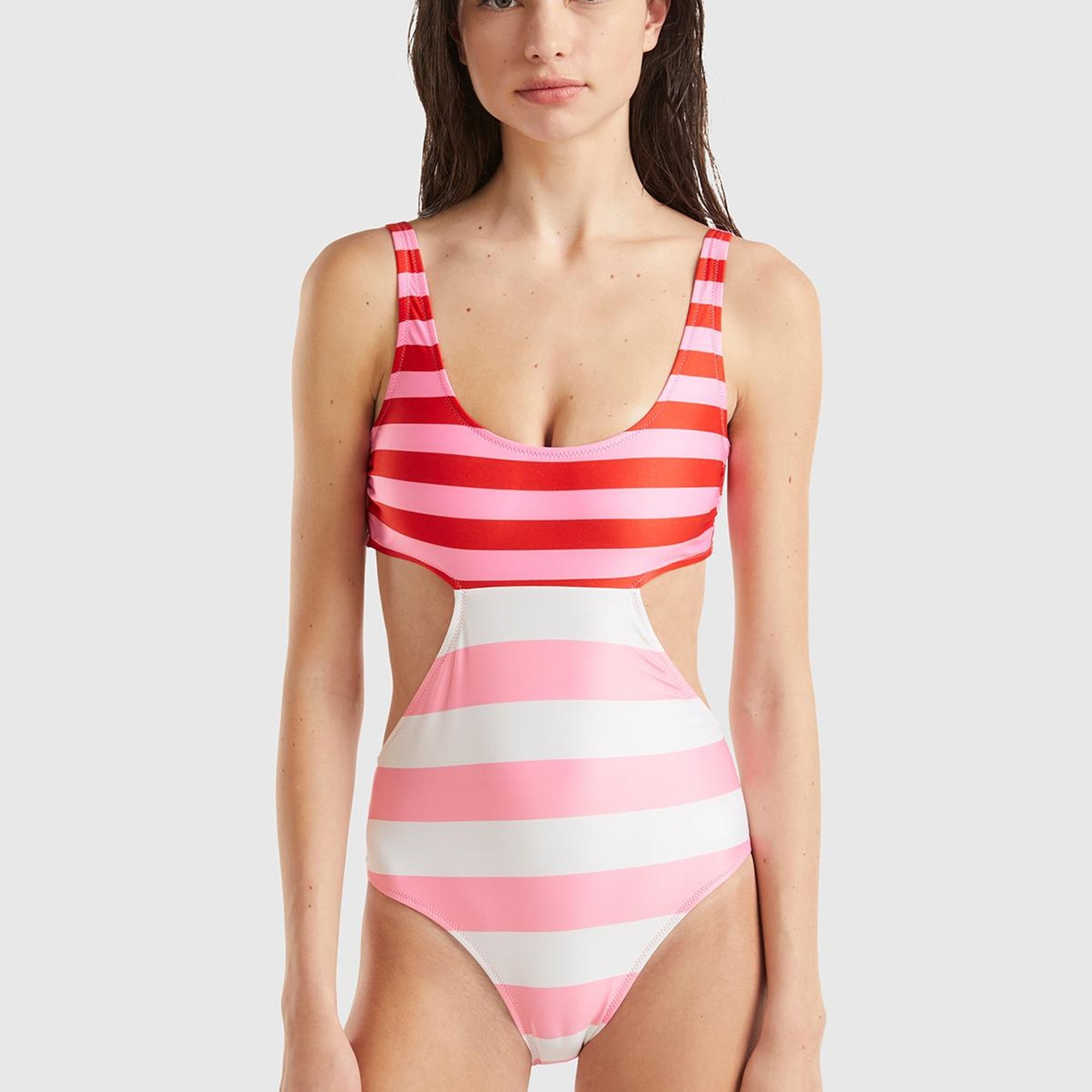 Kadın Pembe Mix Bel ve Sırt Detaylı İki Renkli Çizgili Mayo