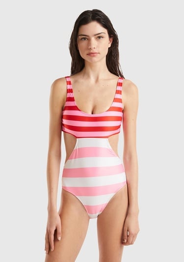  Kadın Pembe Mix Bel ve Sırt Detaylı İki Renkli Çizgili Mayo