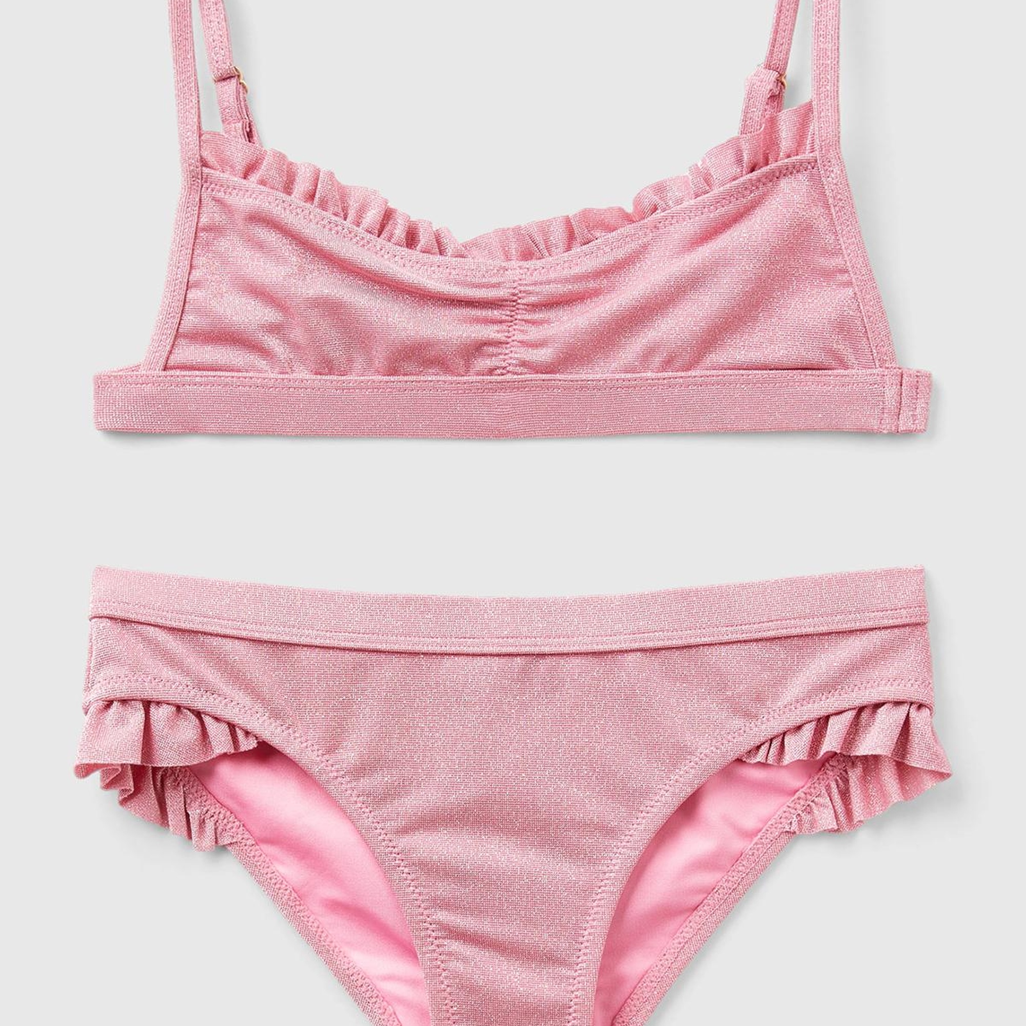 Kız Çocuk Pembe Mix Tek Renk Ayarlanabilir Askılı Fırfırlı Bikini