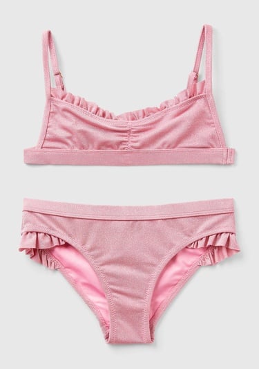  Kız Çocuk Pembe Mix Tek Renk Ayarlanabilir Askılı Fırfırlı Bikini