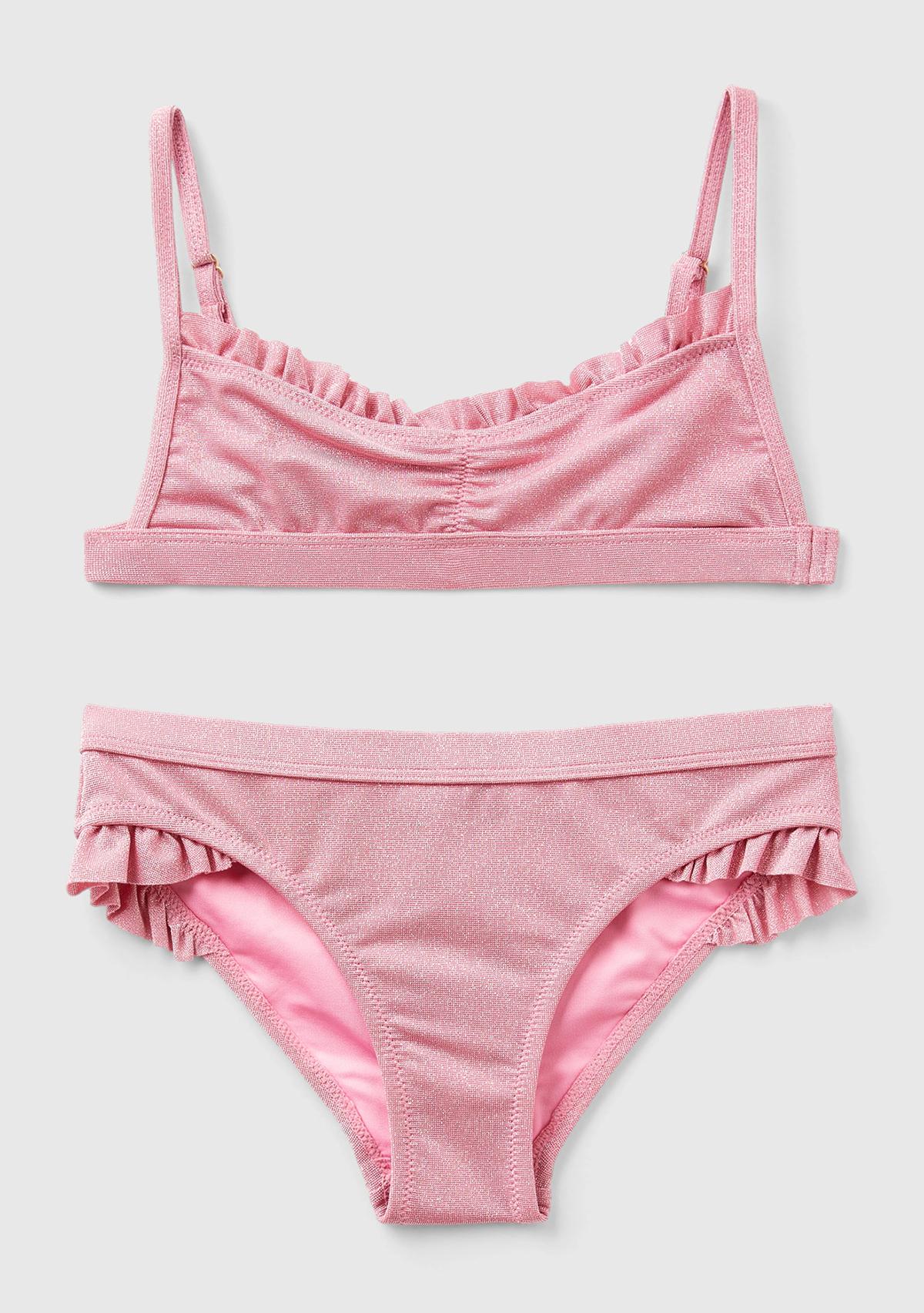  Kız Çocuk Pembe Mix Tek Renk Ayarlanabilir Askılı Fırfırlı Bikini