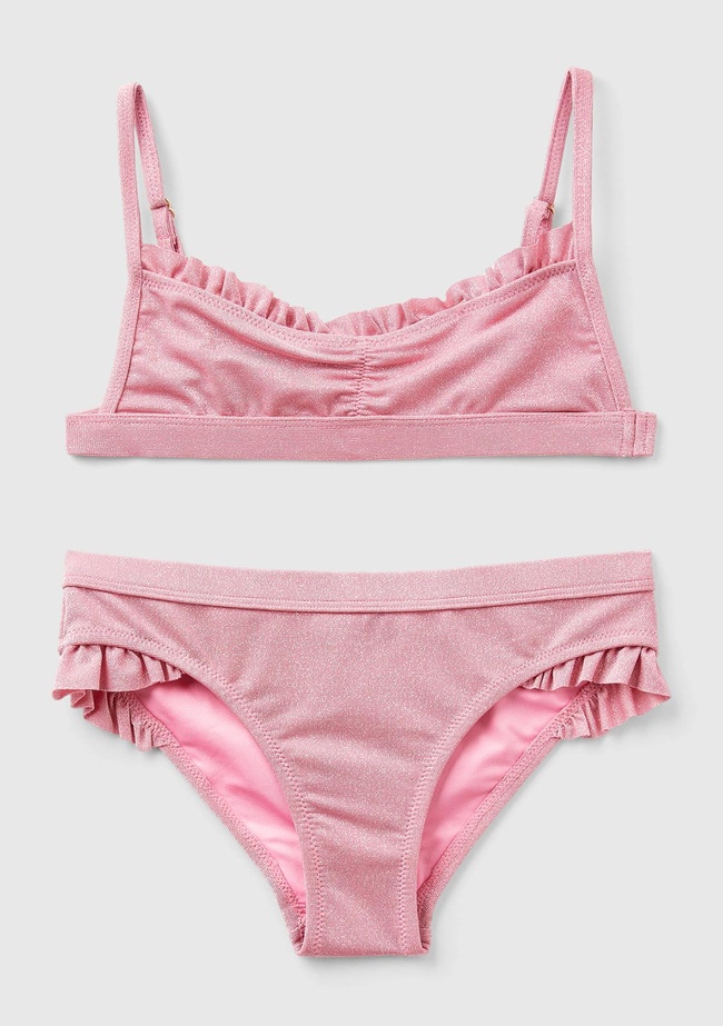  Kız Çocuk Pembe Mix Tek Renk Ayarlanabilir Askılı Fırfırlı Bikini