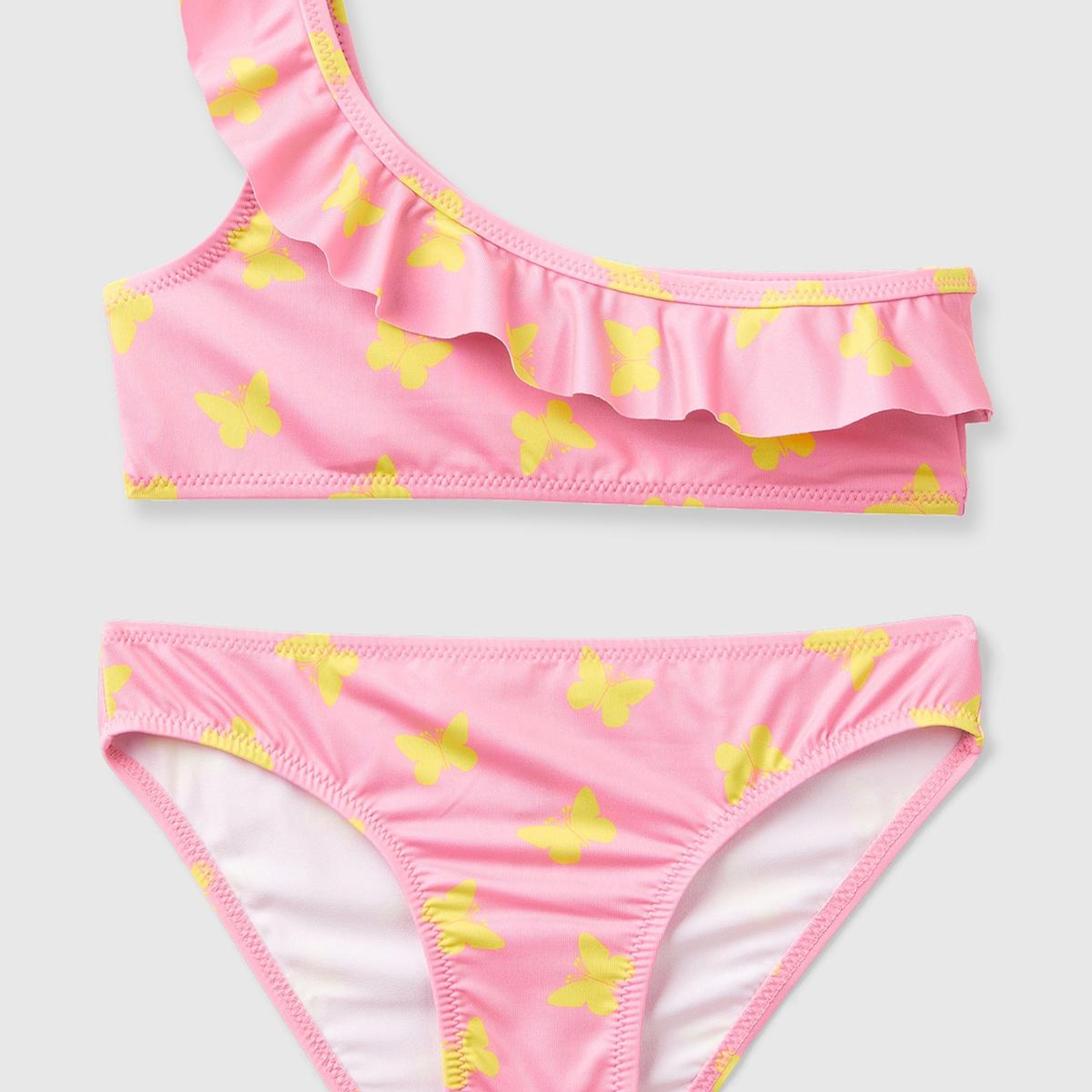 Kız Çocuk Pembe Mix Tamamı Desenli Göğsü Fırfırlı Tek Omuzlu Bikini Takımı