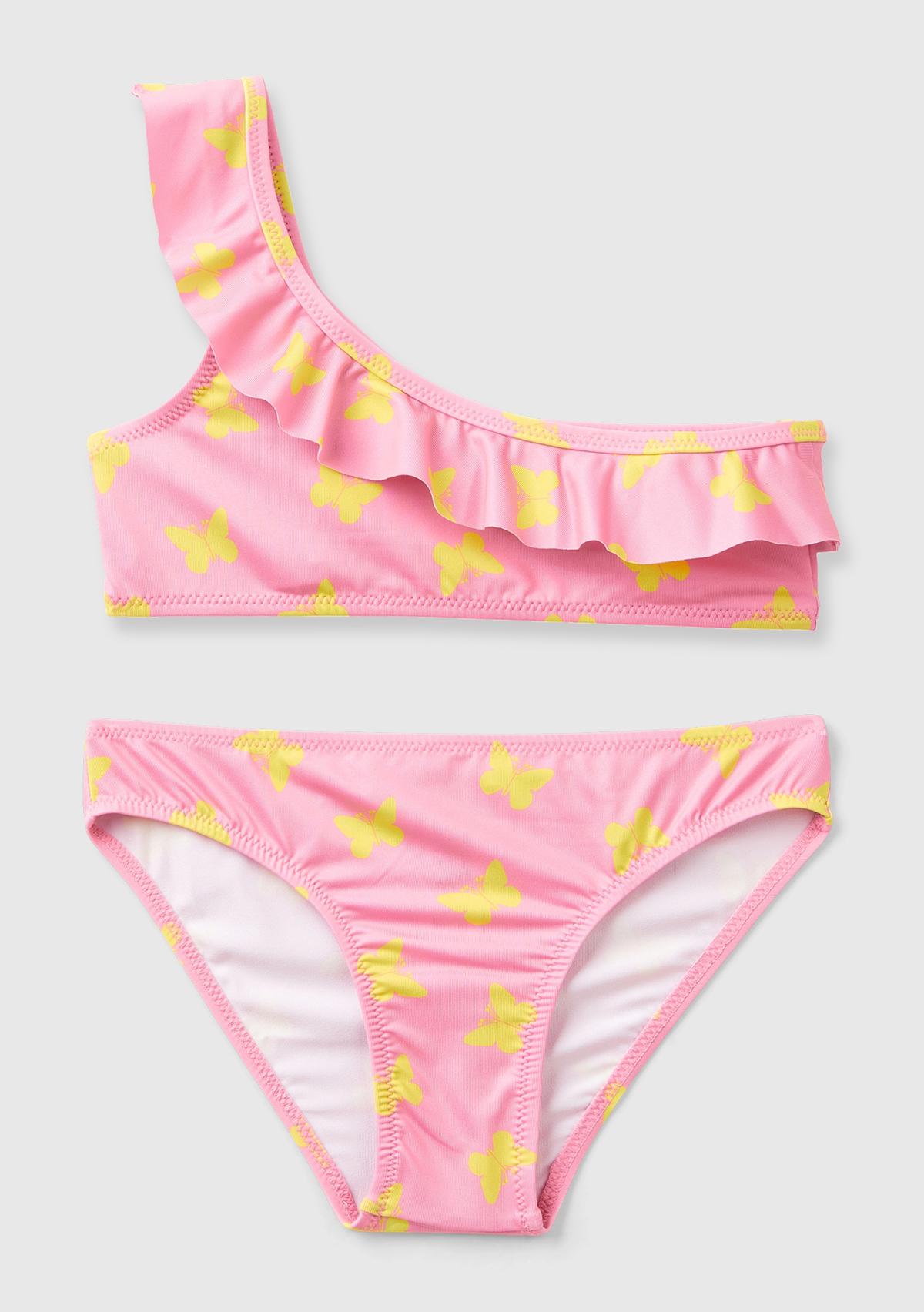  Kız Çocuk Pembe Mix Tamamı Desenli Göğsü Fırfırlı Tek Omuzlu Bikini Takımı