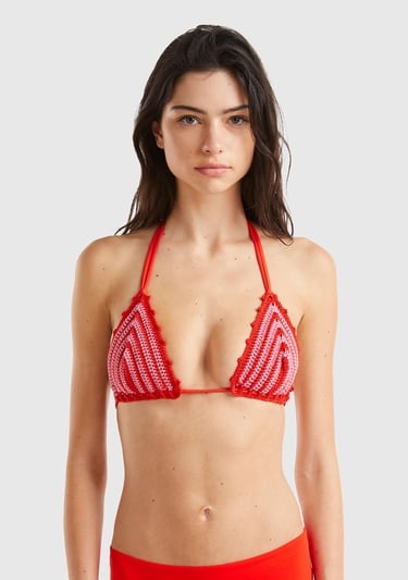  Kadın Kırmızı Mix Örgü Motifli Boyundan Bağlamalı Triko Bikini Üstü