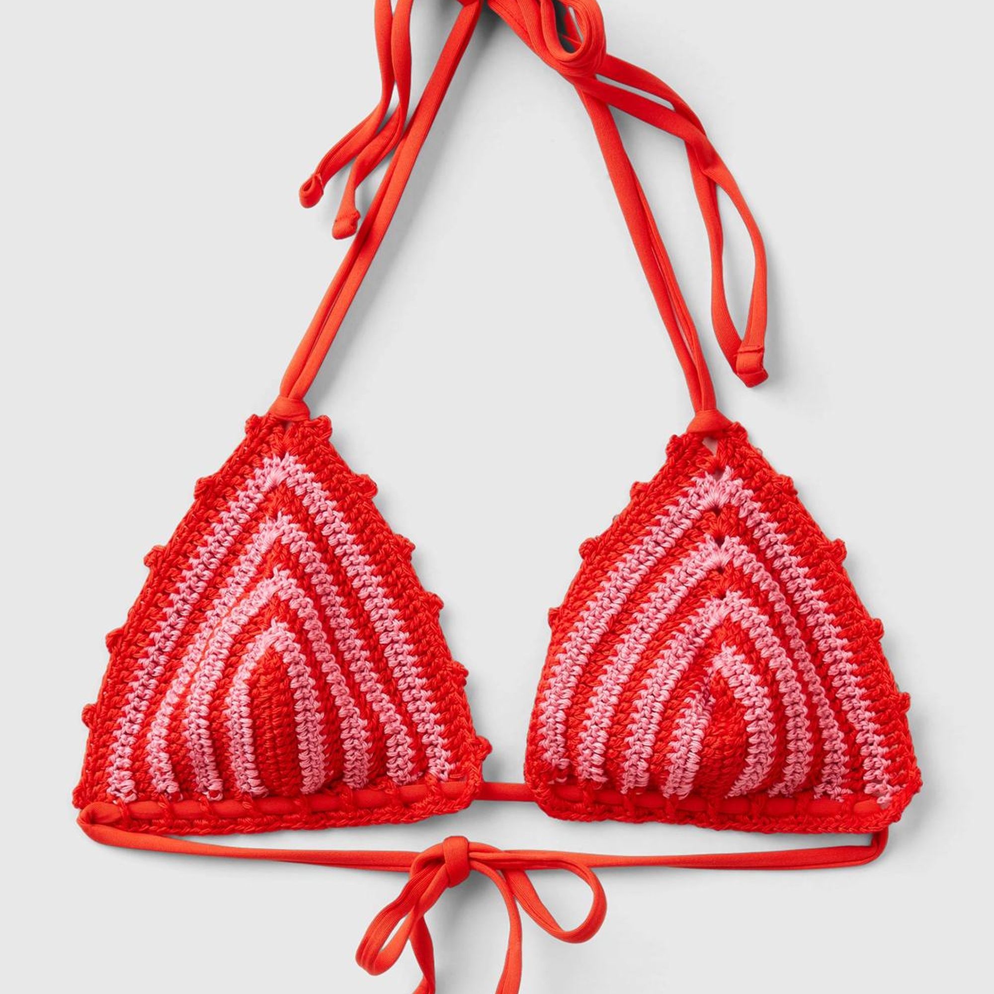 Kadın Kırmızı Mix Örgü Motifli Boyundan Bağlamalı Triko Bikini Üstü