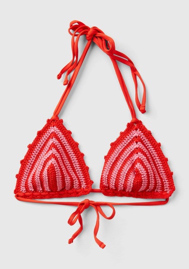  Kadın Kırmızı Mix Örgü Motifli Boyundan Bağlamalı Triko Bikini Üstü