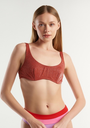  Kadın Bordo Kenarı Logo İşlemeli Ayarlanabilir Askılı Bikini Üstü