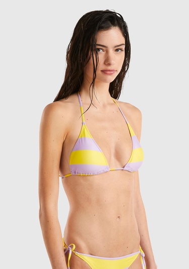  Kadın Sarı Mix Renk Bloklu Boyundan Bağlamalı Üçgün Bikini Üstü