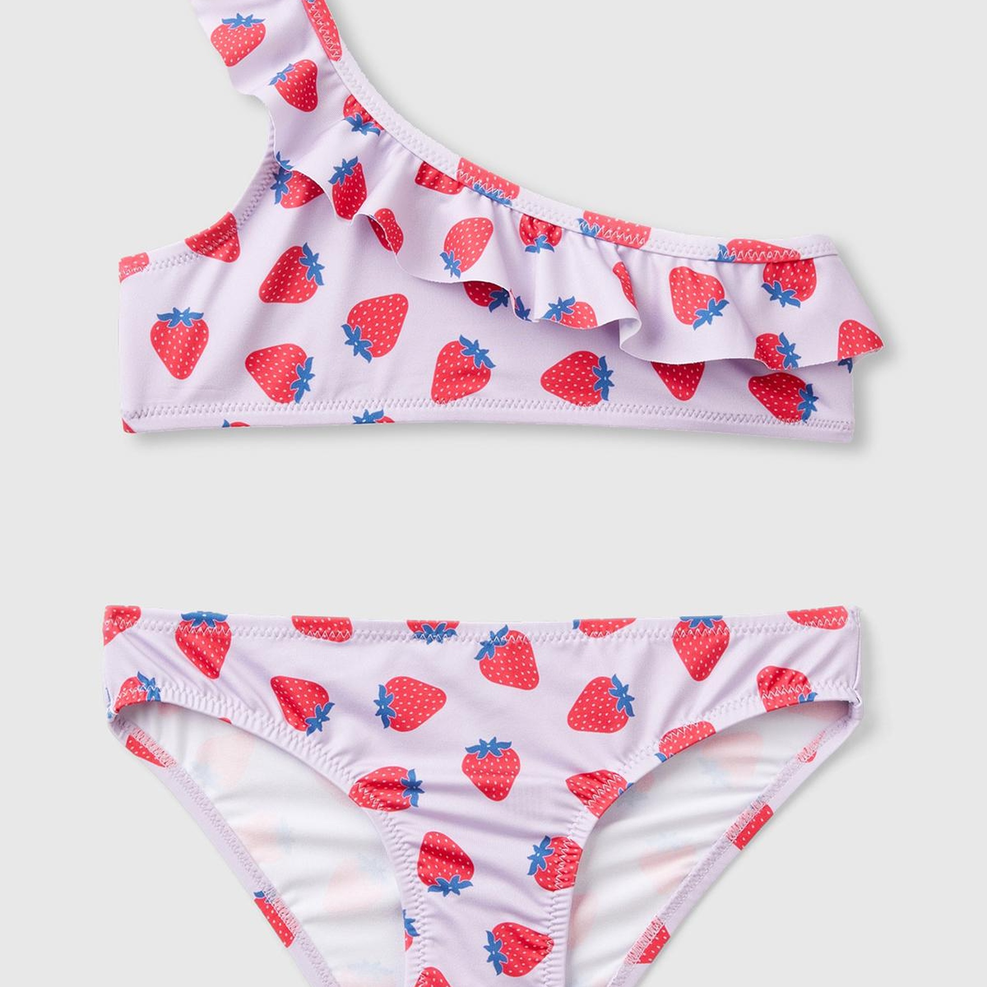 Kız Çocuk Lila Mix Tamamı Desenli Göğsü Fırfırlı Tek Omuzlu Bikini Takımı