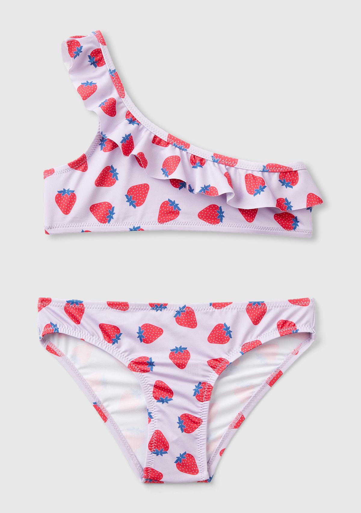  Kız Çocuk Lila Mix Tamamı Desenli Göğsü Fırfırlı Tek Omuzlu Bikini Takımı