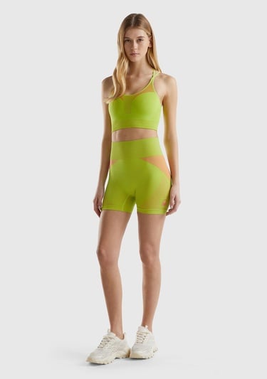  Kadın Neon Yeşil Kenarı Logo İşlemeli Çok Renkli Dikişsiz Mini Spor Taytı