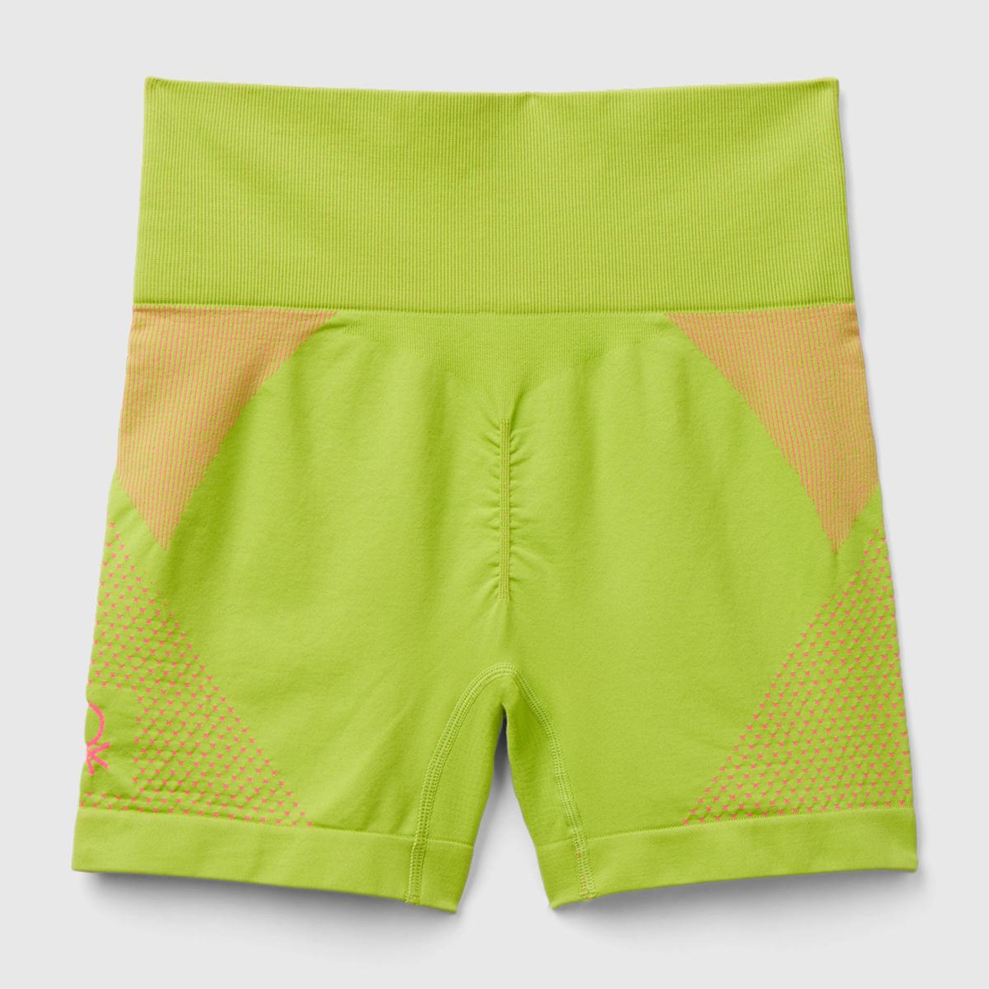 Kadın Neon Yeşil Kenarı Logo İşlemeli Çok Renkli Dikişsiz Mini Spor Taytı