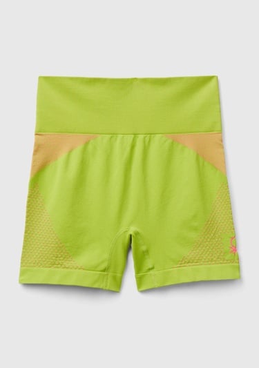  Kadın Neon Yeşil Kenarı Logo İşlemeli Çok Renkli Dikişsiz Mini Spor Taytı