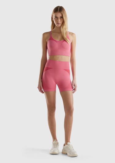  Kadın Pembe Kenarı Logo İşlemeli Çok Renkli Dikişsiz Mini Spor Taytı