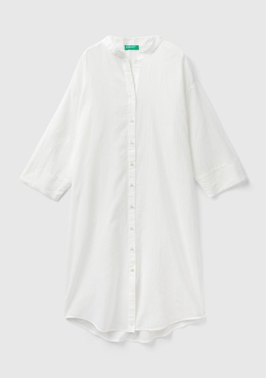  Kadın Krem %100 Pamuk Önü Düğmeli Hakim Yaka Gömlek Elbise