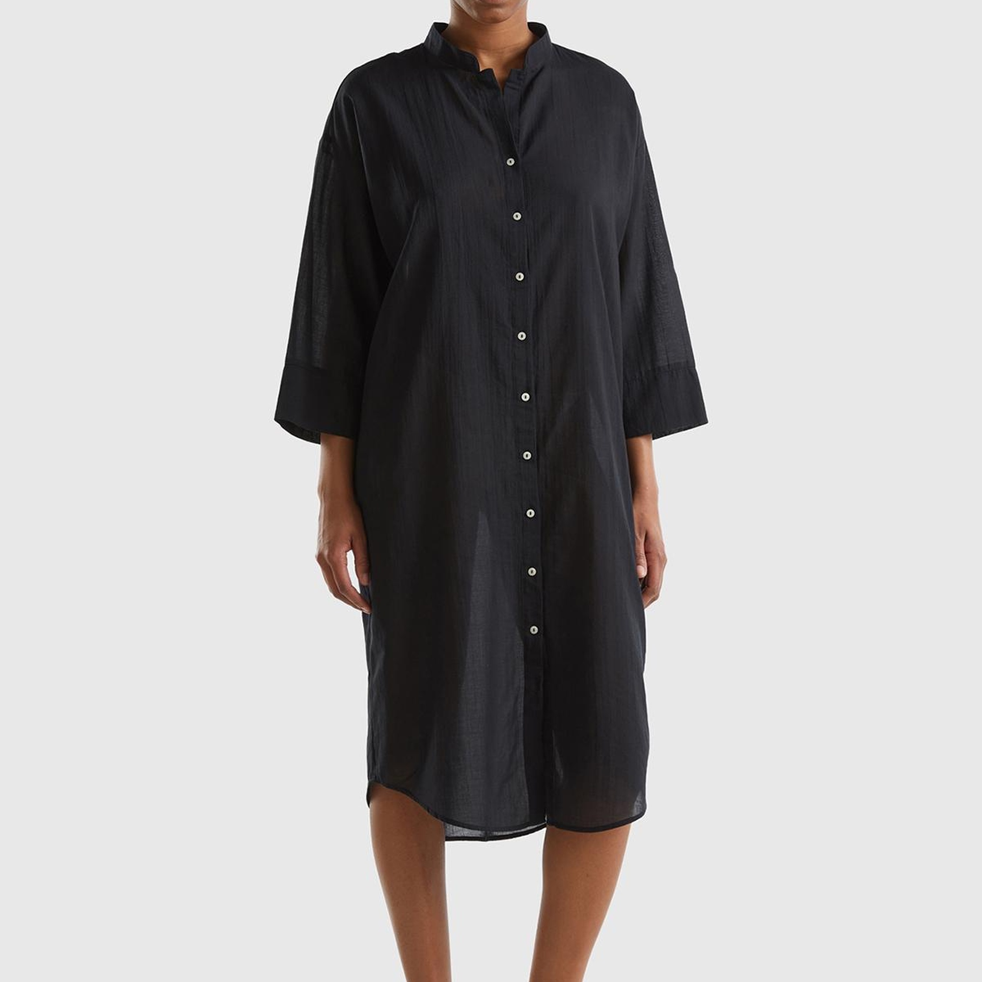 Kadın Siyah %100 Pamuk Önü Düğmeli Hakim Yaka Gömlek Elbise