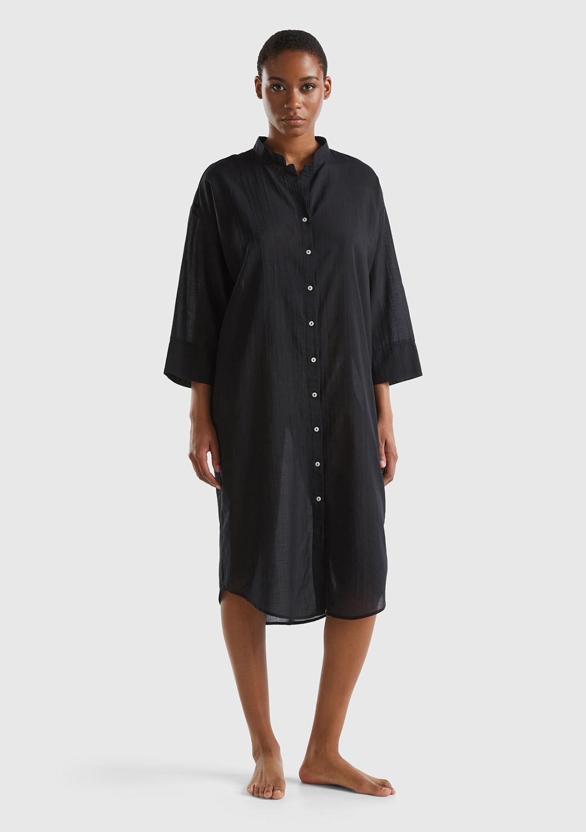  Kadın Siyah %100 Pamuk Önü Düğmeli Hakim Yaka Gömlek Elbise