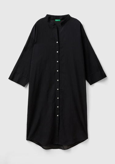  Kadın Siyah %100 Pamuk Önü Düğmeli Hakim Yaka Gömlek Elbise
