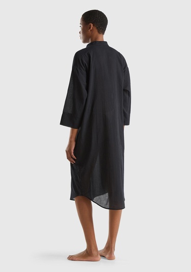  Kadın Siyah %100 Pamuk Önü Düğmeli Hakim Yaka Gömlek Elbise