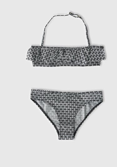  Kız Çocuk Mix Tamamı Desenli Fırfırlı Boyundan Bağlamalı Bikini Takımı