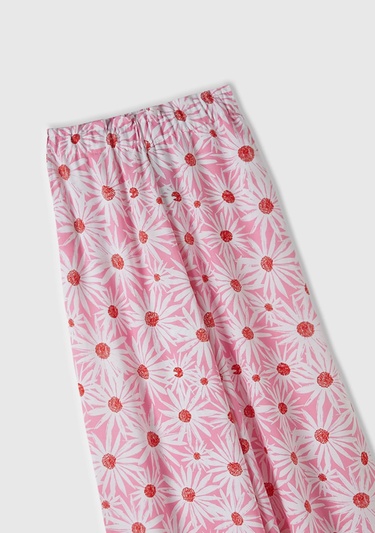  Kadın Pembe Mix %100 Viskoz Tamamı Desenli Beli Büzgülü Geniş Paça Pantolon