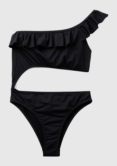  Kadın Siyah Göğsü Fırfır Detaylı Arkadan Bağlamalı Trikini