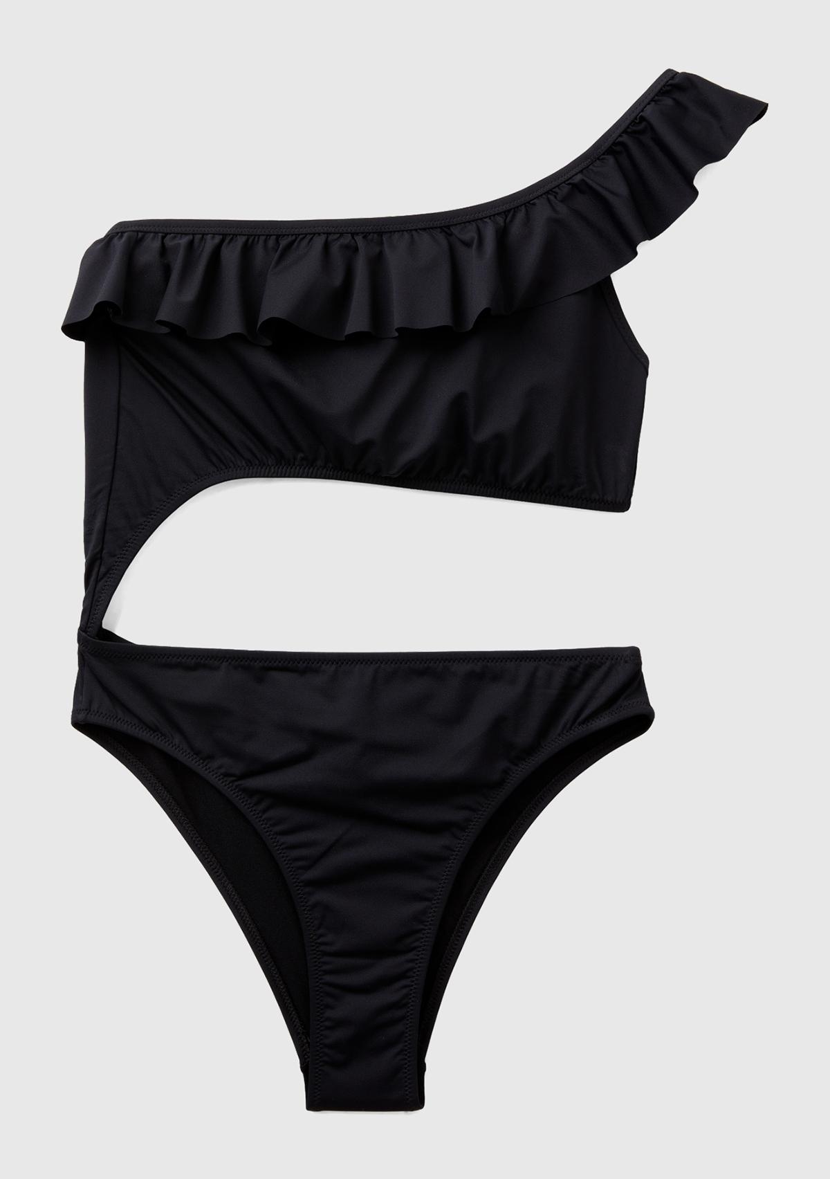  Kadın Siyah Göğsü Fırfır Detaylı Arkadan Bağlamalı Trikini