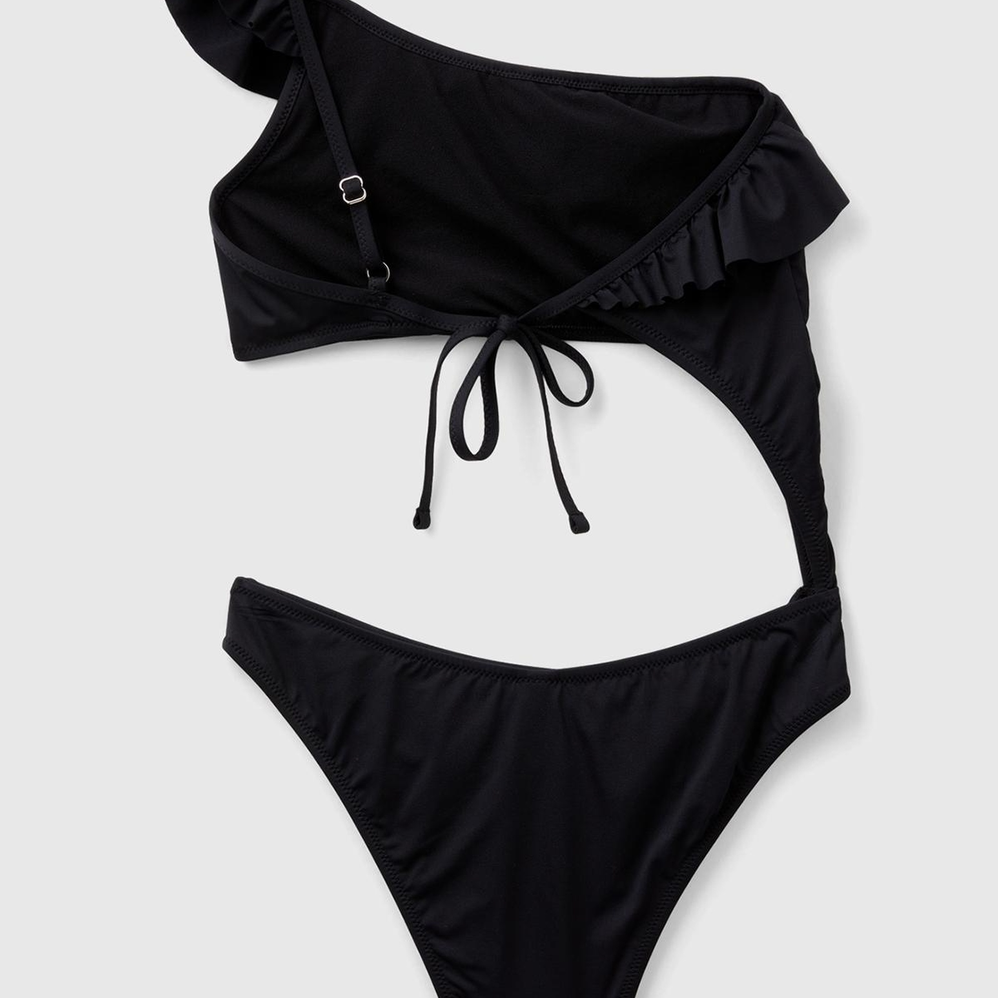 Kadın Siyah Göğsü Fırfır Detaylı Arkadan Bağlamalı Trikini