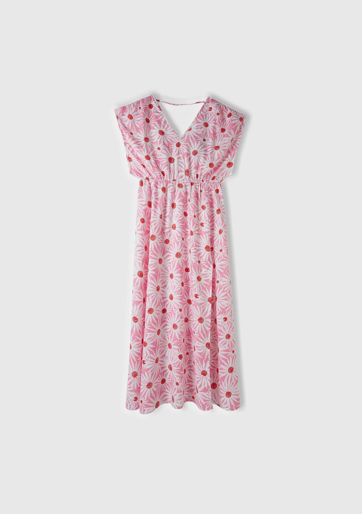  Kadın Pembe Mix %100 Viskoz Tamamı Desenli Yırtmaçlı Derin V Yaka Elbise