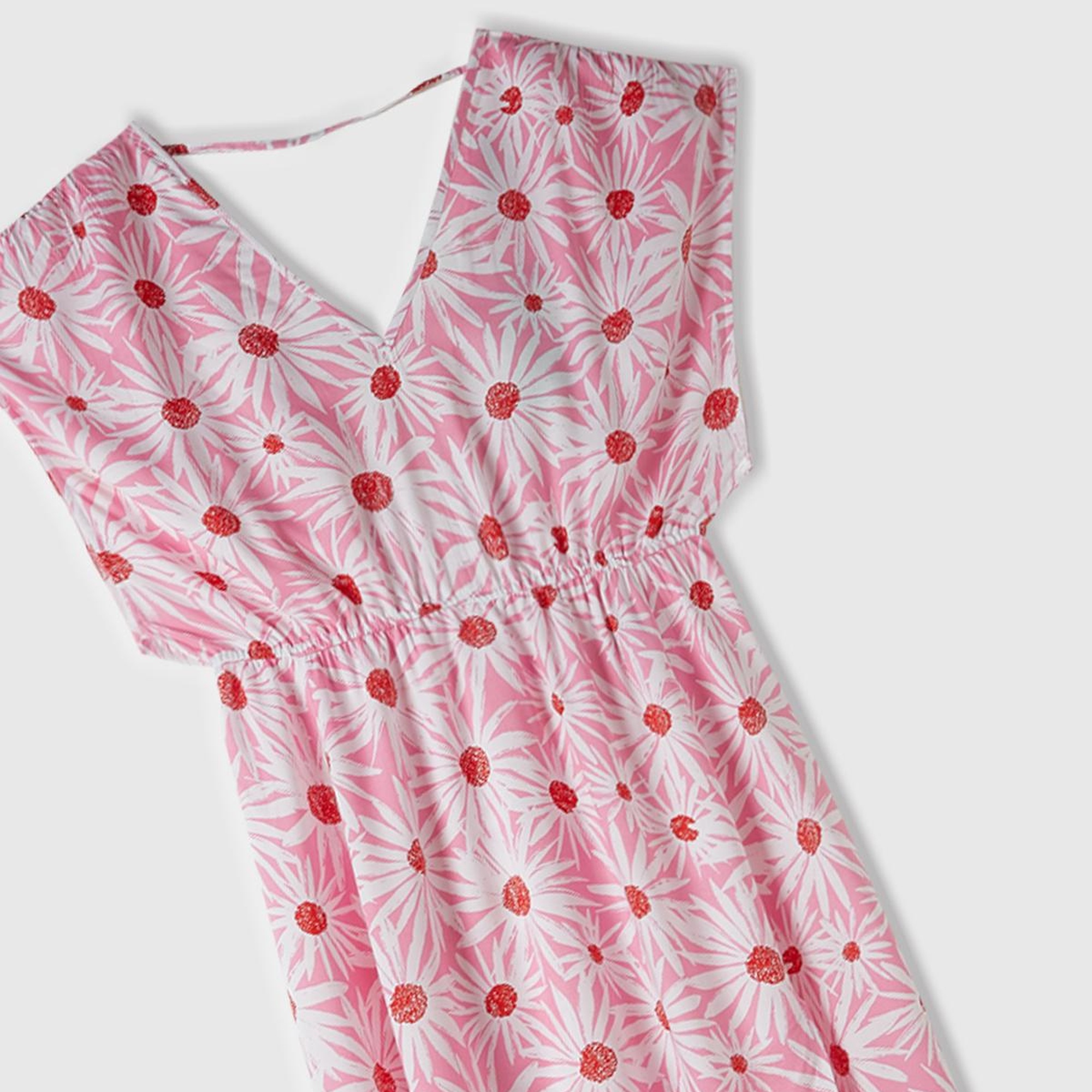 Kadın Pembe Mix %100 Viskoz Tamamı Desenli Yırtmaçlı Derin V Yaka Elbise