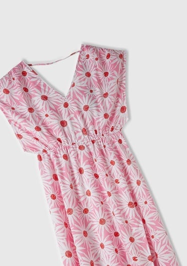  Kadın Pembe Mix %100 Viskoz Tamamı Desenli Yırtmaçlı Derin V Yaka Elbise