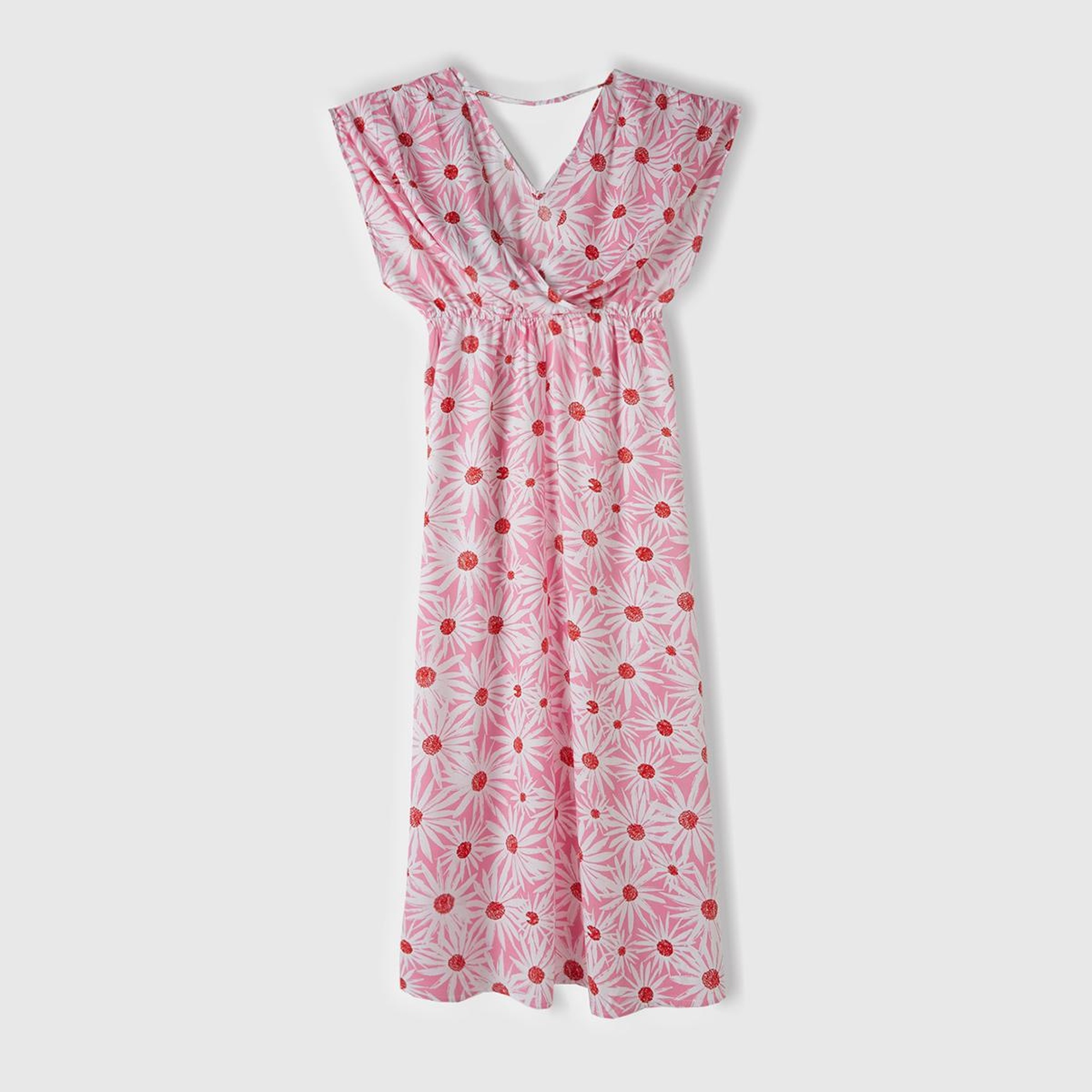 Kadın Pembe Mix %100 Viskoz Tamamı Desenli Yırtmaçlı Derin V Yaka Elbise