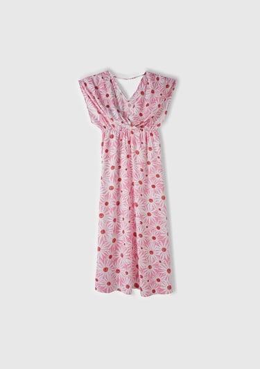  Kadın Pembe Mix %100 Viskoz Tamamı Desenli Yırtmaçlı Derin V Yaka Elbise