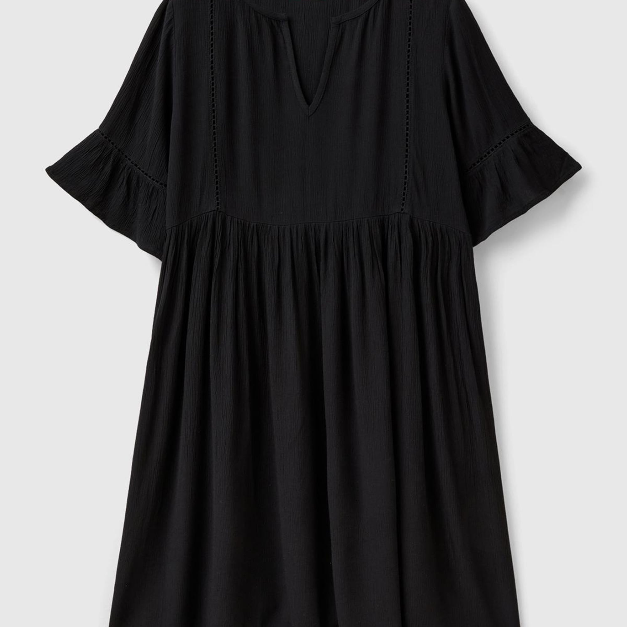 Kadın Siyah %100 Viskoz Kolları Fırfırlı Derin V Yaka Kısa Elbise