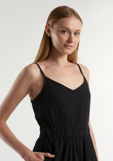  Kadın Siyah %100 Pamuk Beli Büzgülü Ayarlanabilir Askılı Şort Tulum