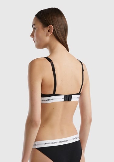  Kadın Siyah Pamuk Karışımlı Göğüs Altı Parlak Logo Baskılı Üçgen Sütyen