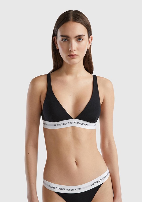  Kadın Siyah Pamuk Karışımlı Göğüs Altı Parlak Logo Baskılı Üçgen Sütyen