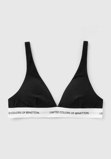  Kadın Siyah Pamuk Karışımlı Göğüs Altı Parlak Logo Baskılı Üçgen Sütyen